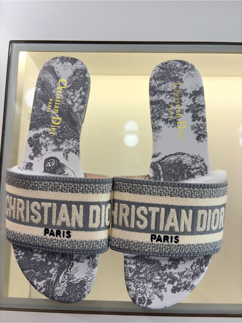 Dior Blue-Gray & White Embroidered Logo Slide Mules